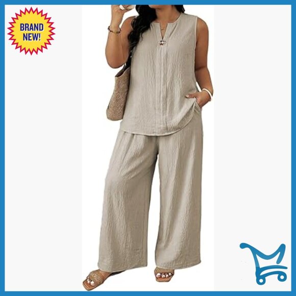 Pants - Plus Size Sleeveless Top Wide Leg Pants Matching Set Lounge Workout